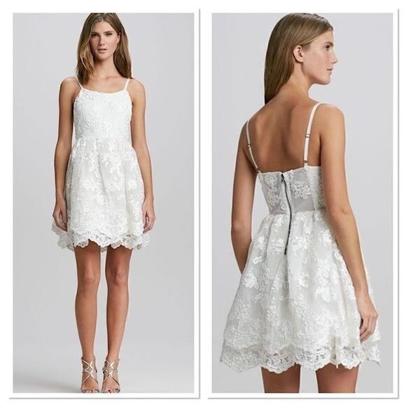 ALICE+OLIVIA Rora Lace Overlay Pouf Mini Cocktail dress in Ivory - Picture 1 of 12